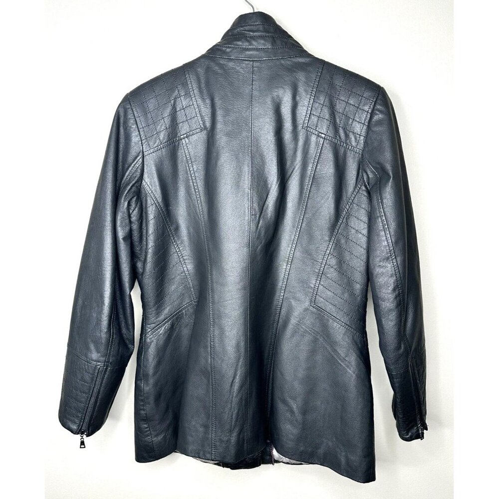 Vtg Danier Leather Coat Womens Y2K 90s Lined Zip Front Black Size Medium 14-16 - Picture 2 of 16
